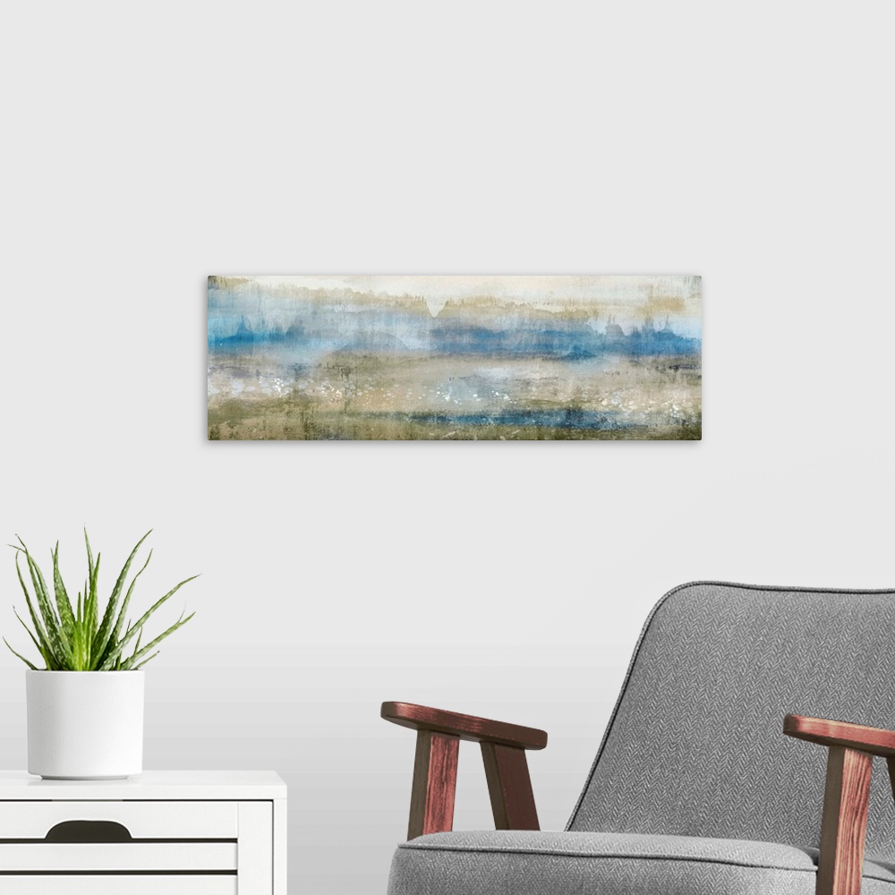A modern room featuring Abstract contemporary painting in muted blue shades and earth tones.