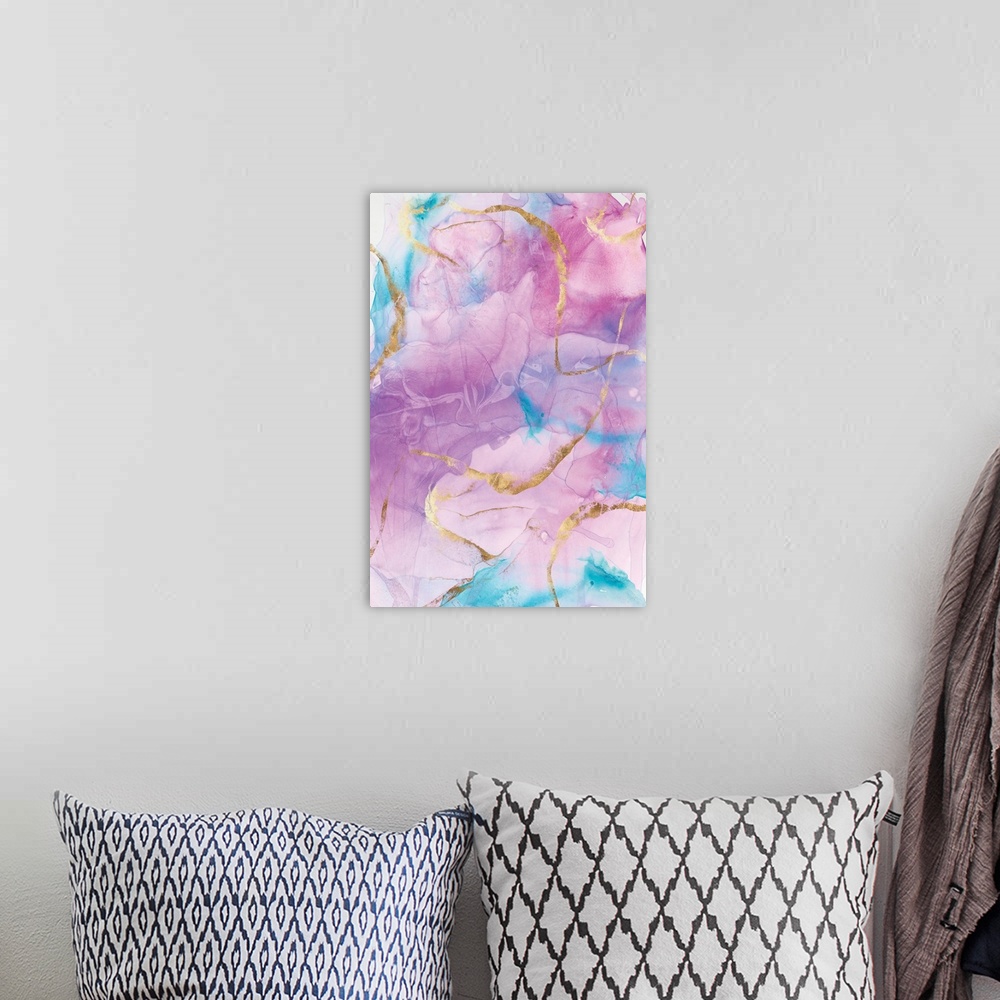 A bohemian room featuring Vertical painting of swirls of pink and blue with gold accents.