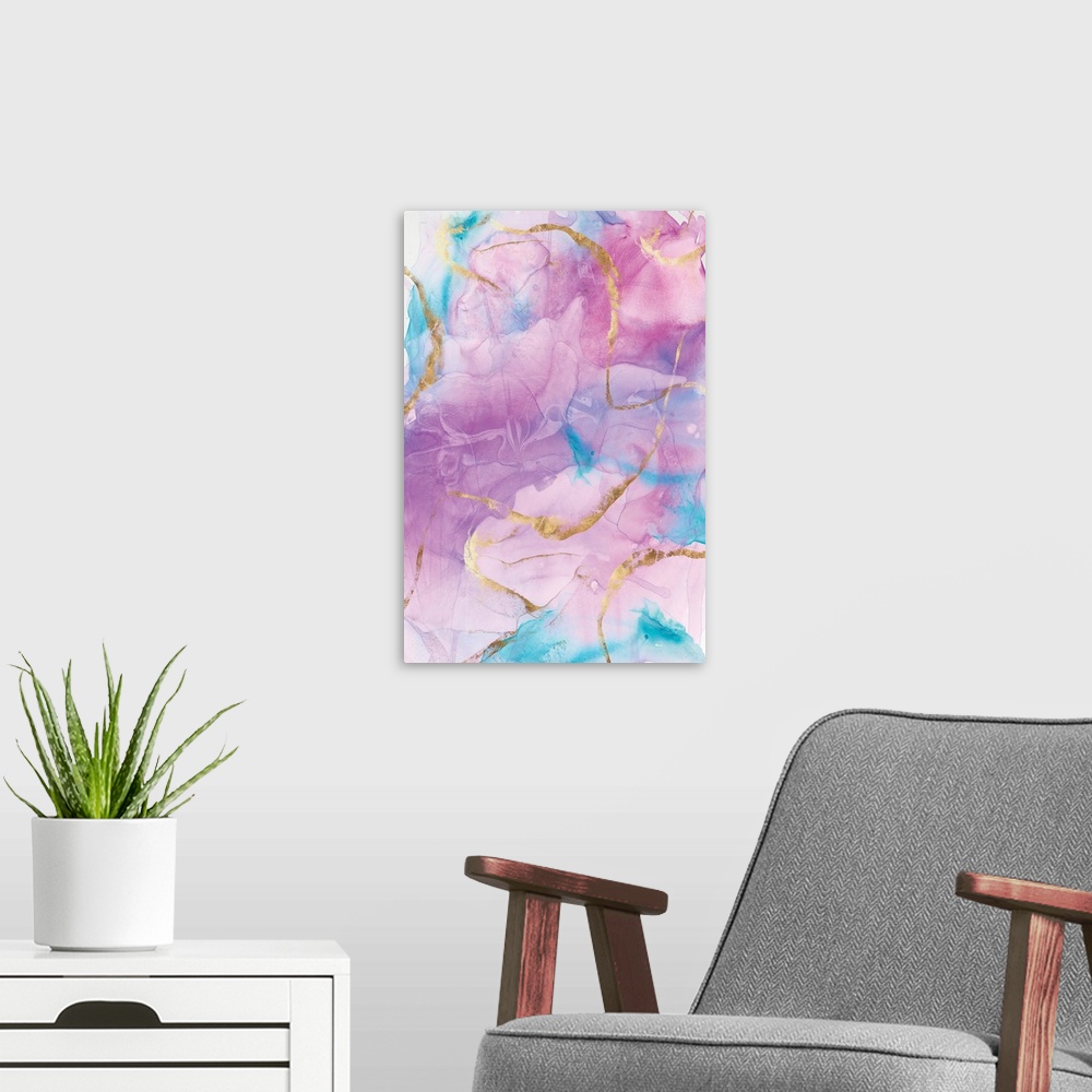 A modern room featuring Vertical painting of swirls of pink and blue with gold accents.
