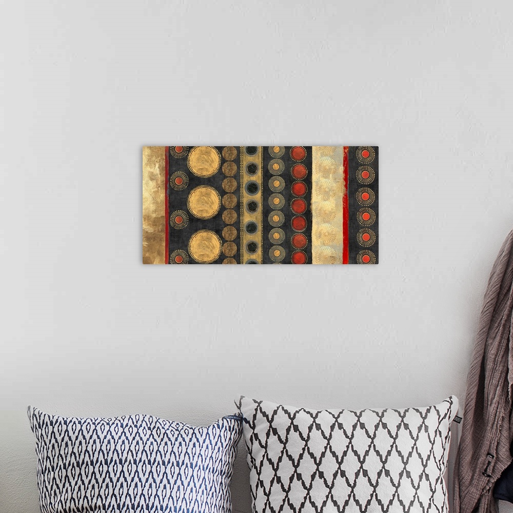 A bohemian room featuring Abstract horizontal artwork in golden tones with art nouveau style patterns.