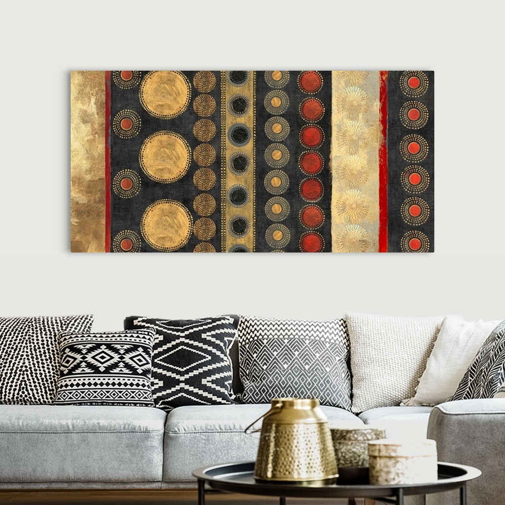 A bohemian room featuring Abstract horizontal artwork in golden tones with art nouveau style patterns.