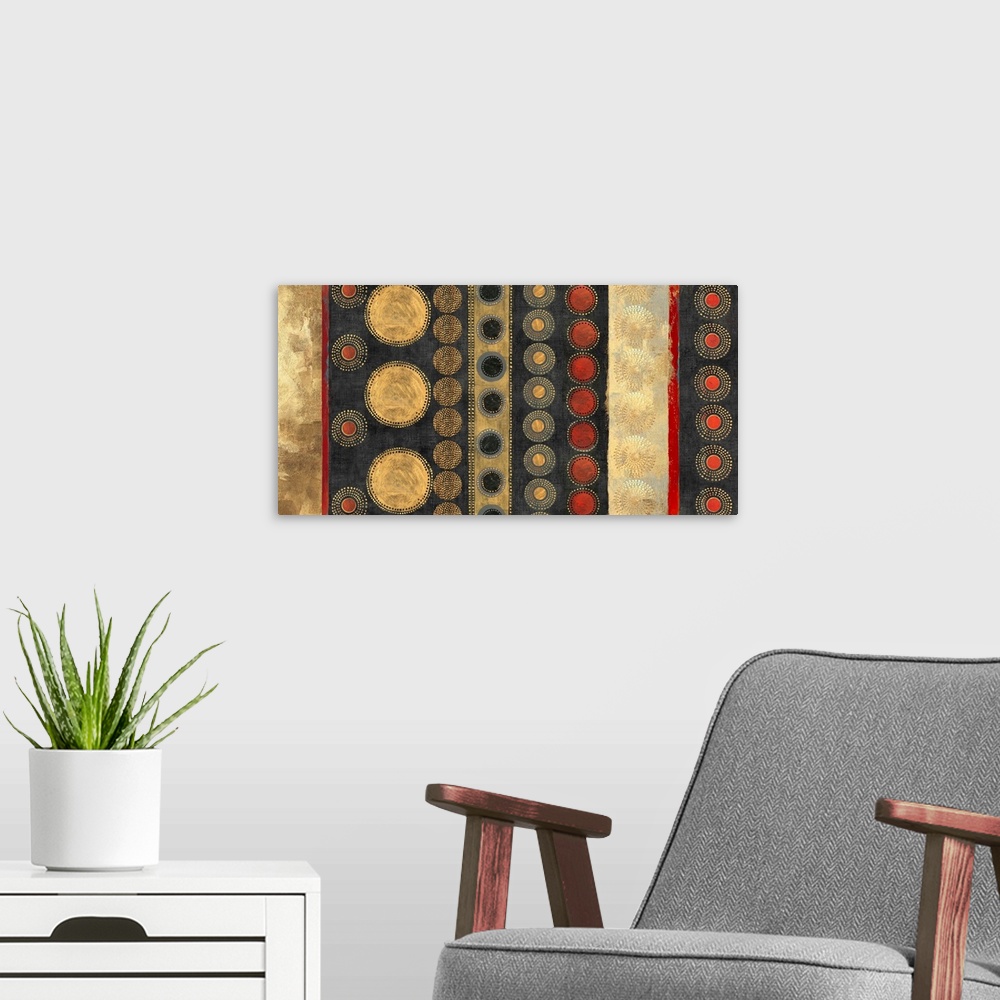 A modern room featuring Abstract horizontal artwork in golden tones with art nouveau style patterns.