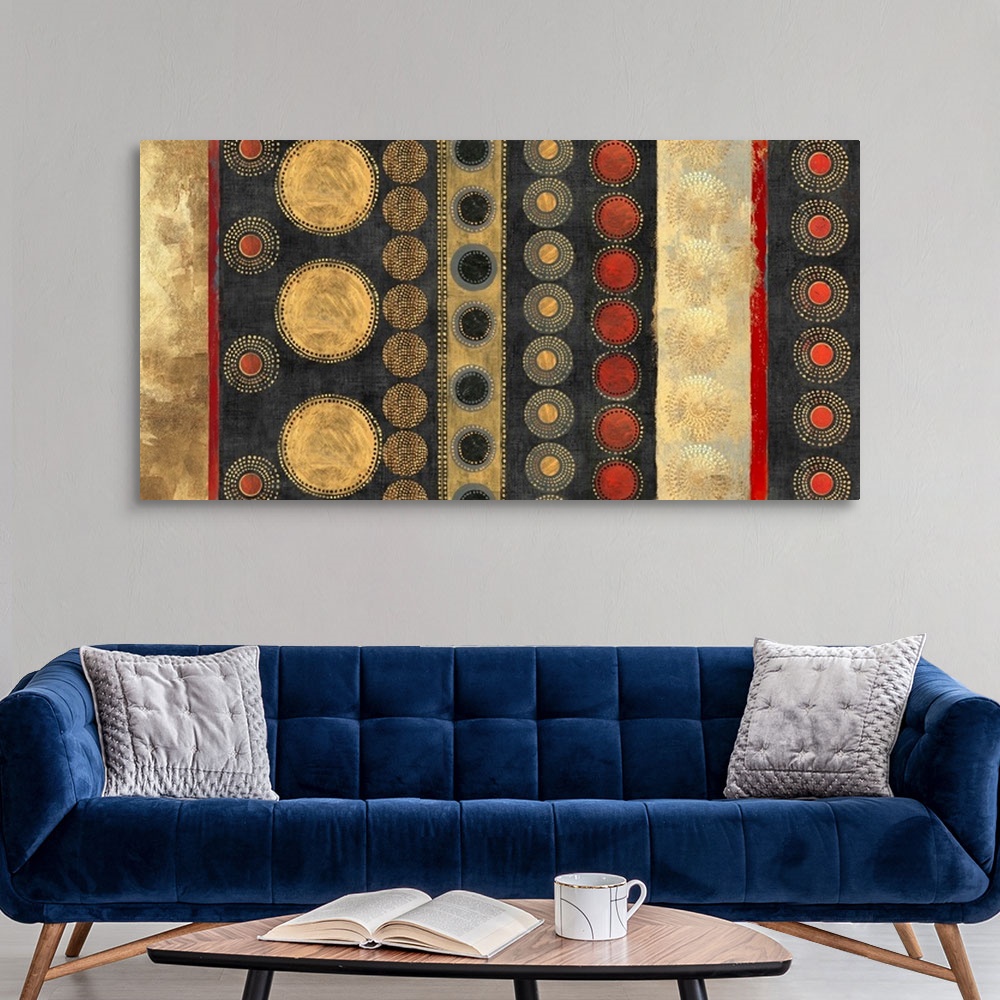 A modern room featuring Abstract horizontal artwork in golden tones with art nouveau style patterns.