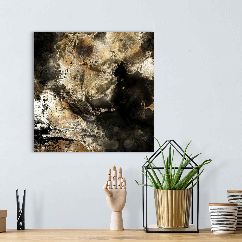 A bohemian room featuring Square abstract painting of textured colors of brown and black.