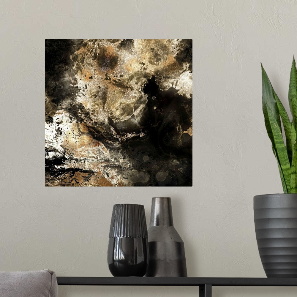A modern room featuring Square abstract painting of textured colors of brown and black.