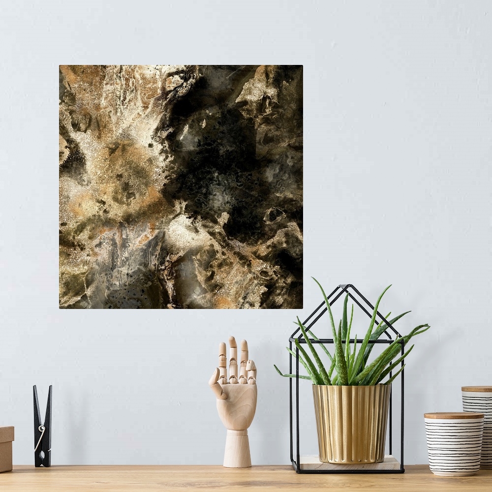 A bohemian room featuring Square abstract painting of textured colors of brown and black.