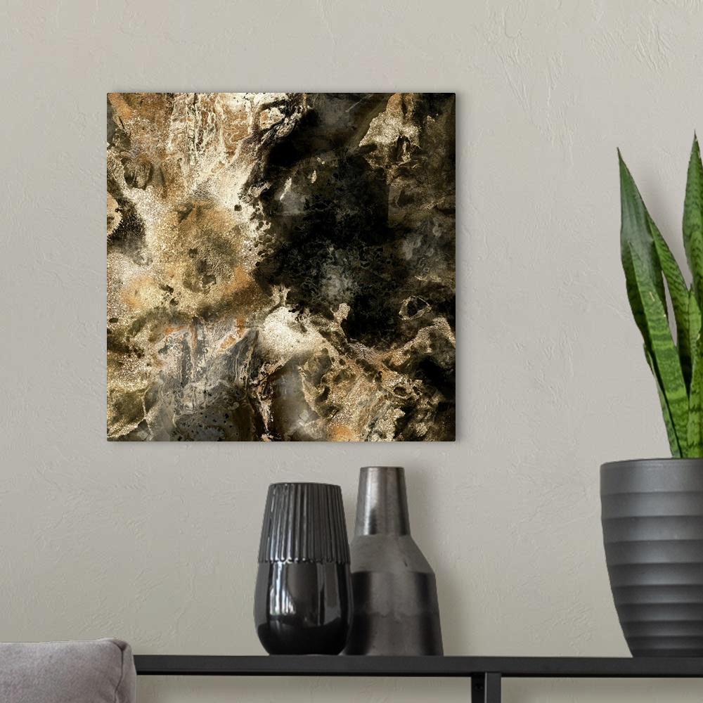 A modern room featuring Square abstract painting of textured colors of brown and black.