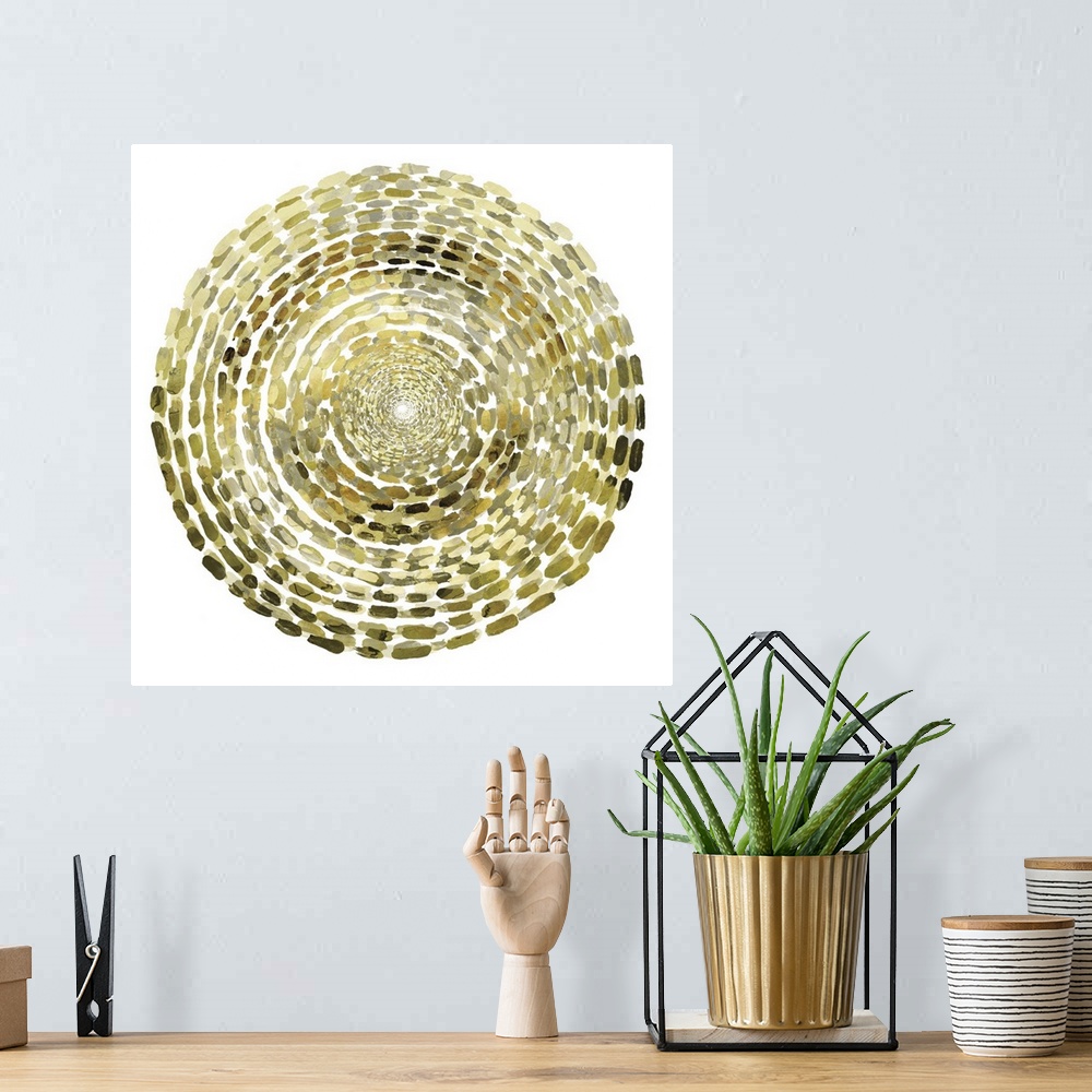 A bohemian room featuring Abstract painting of golden dashes in a circular pattern.