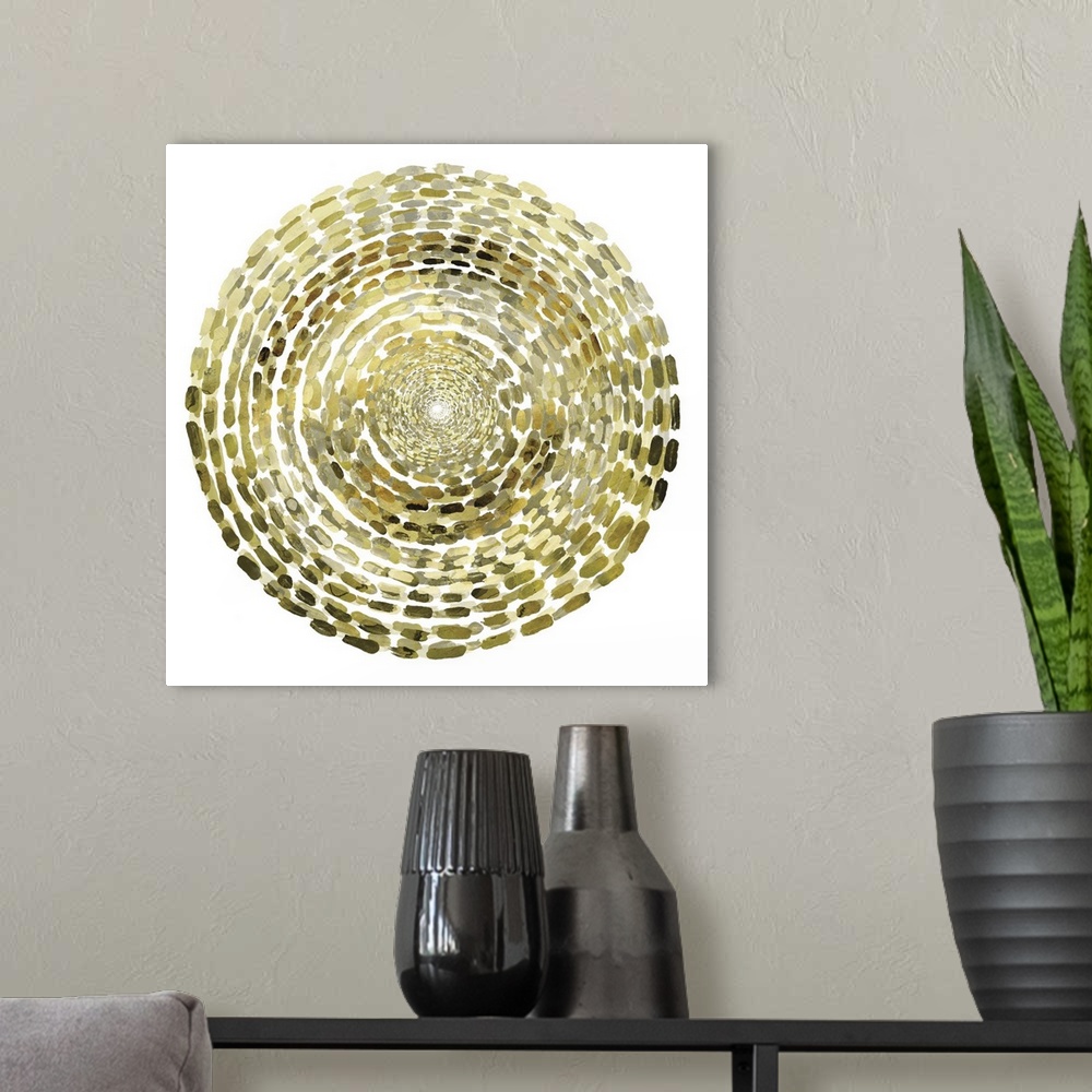 A modern room featuring Abstract painting of golden dashes in a circular pattern.