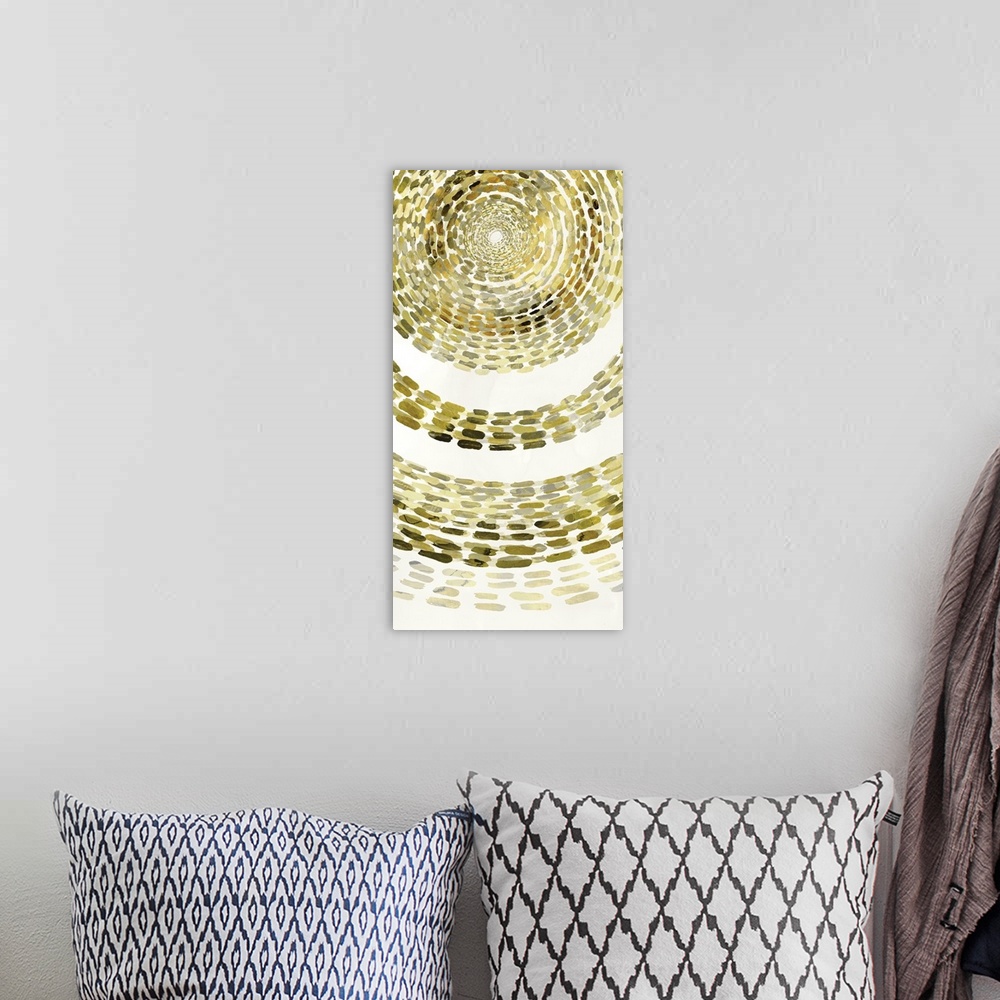 A bohemian room featuring Abstract painting of golden dashes in curved and circular patterns on cream.