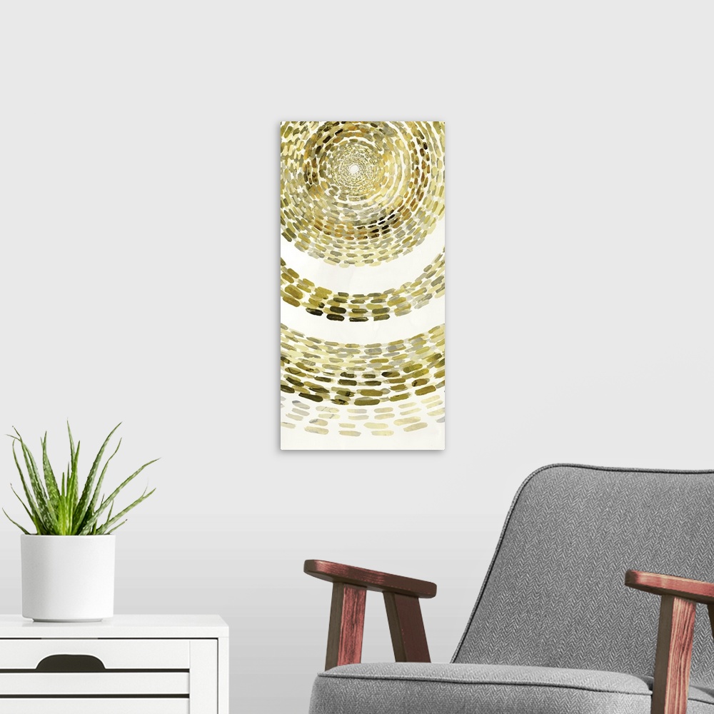 A modern room featuring Abstract painting of golden dashes in curved and circular patterns on cream.