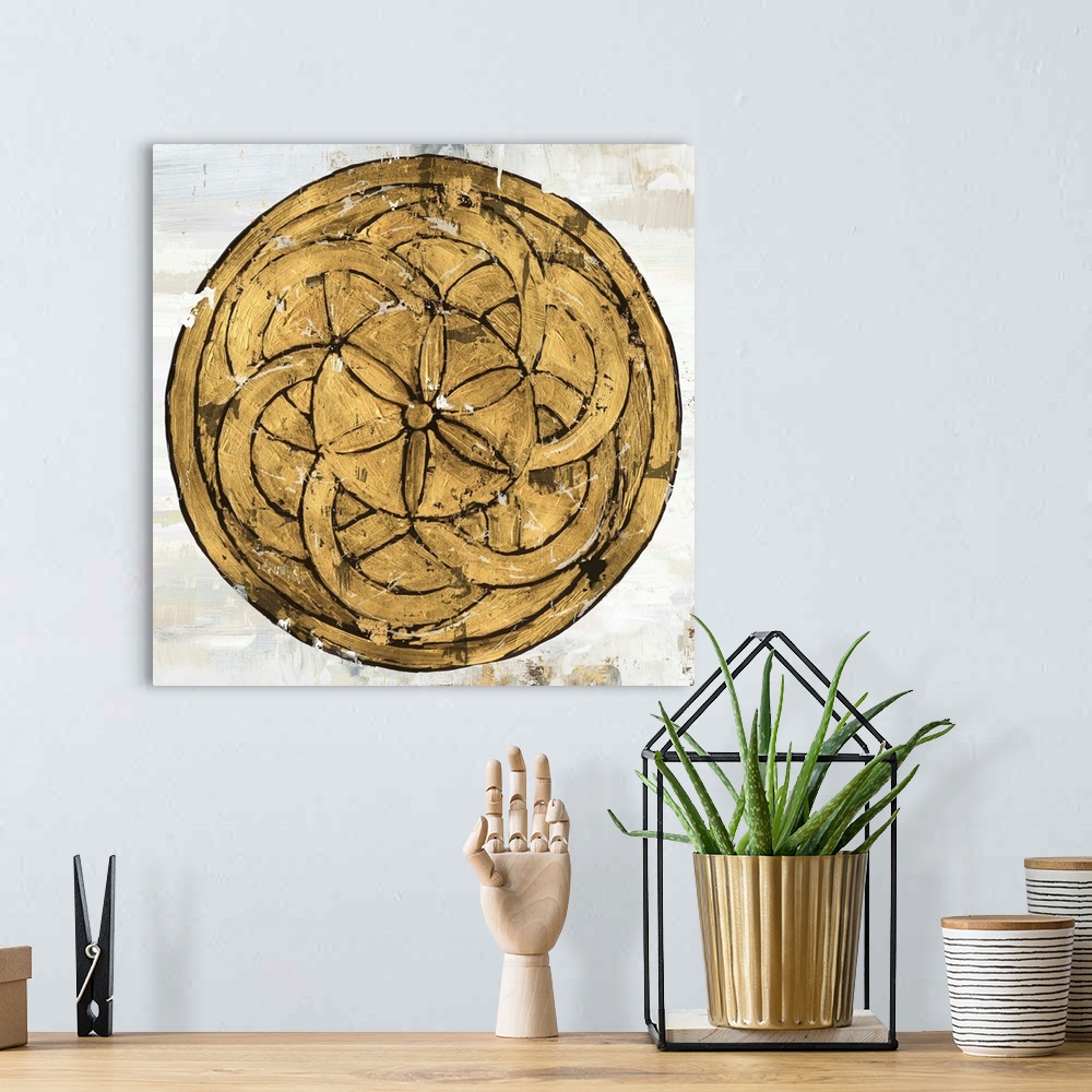 A bohemian room featuring Square image of a gold circle with textured floral design.