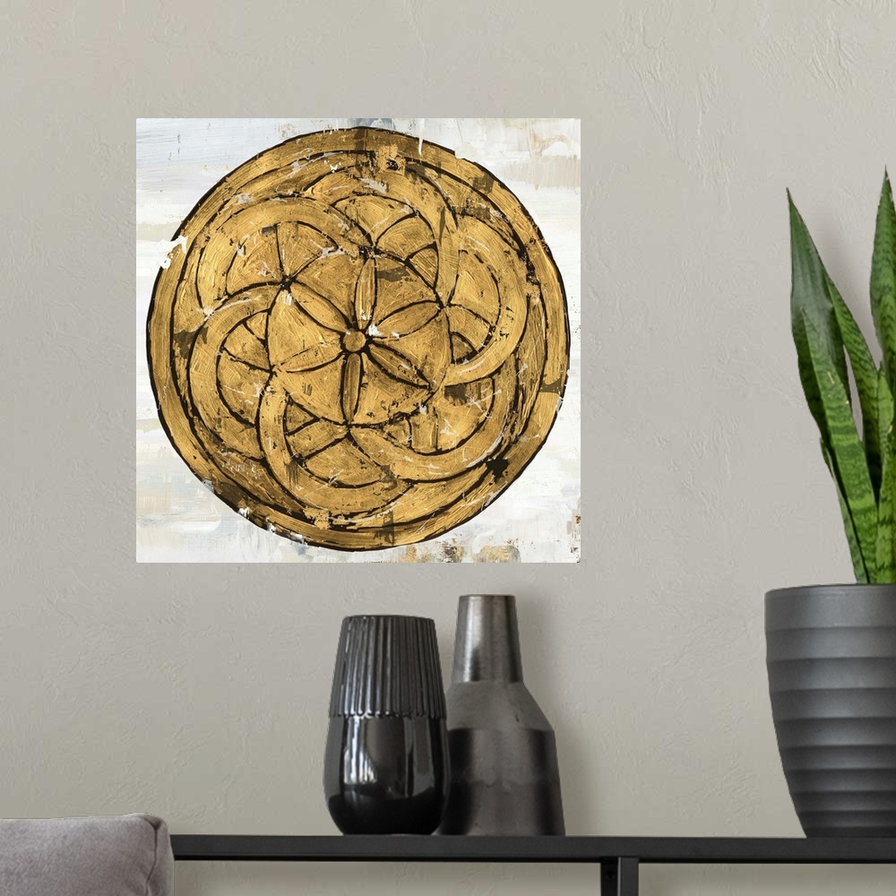 A modern room featuring Square image of a gold circle with textured floral design.