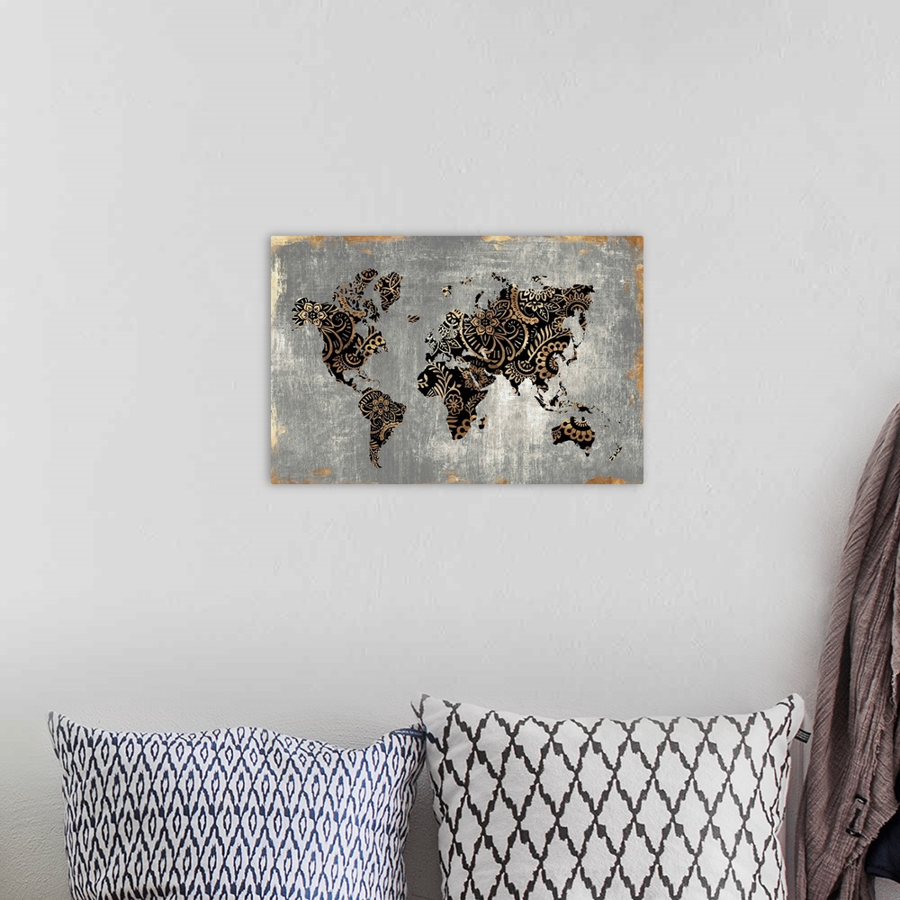 A bohemian room featuring Gold World Map