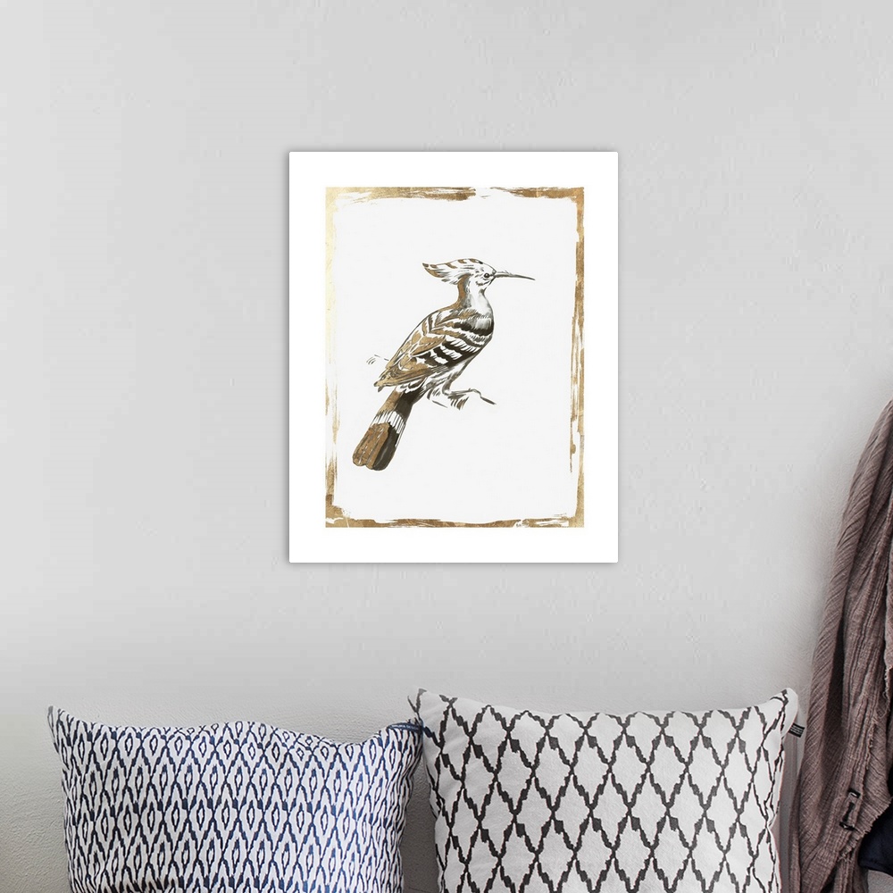A bohemian room featuring Glamorous bird decor in black, white, and gold.