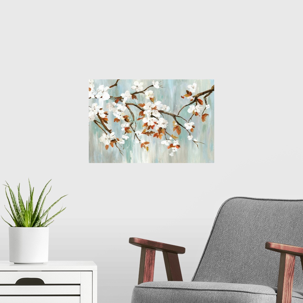A modern room featuring A painting of a branch of white cherry blossoms against a gray and teal backdrop.
