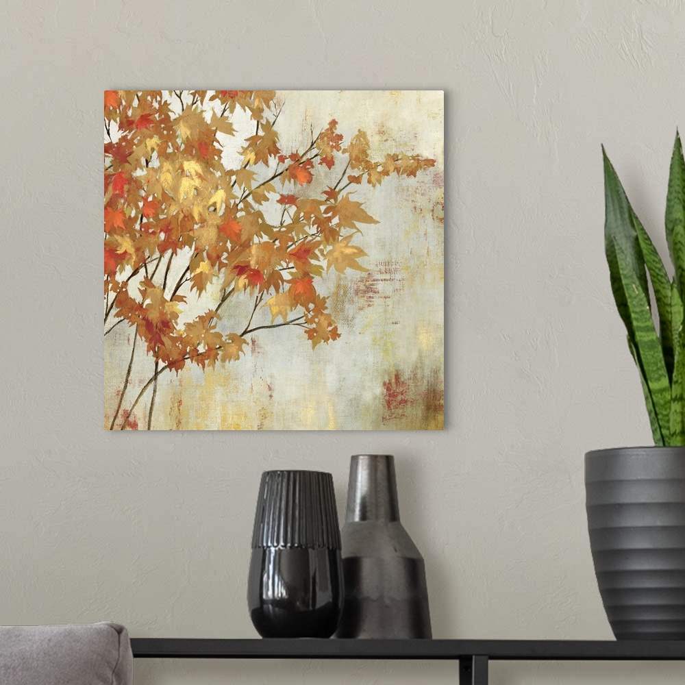 A modern room featuring Contemporary home decor artwork of golden foliage against a neutral background.