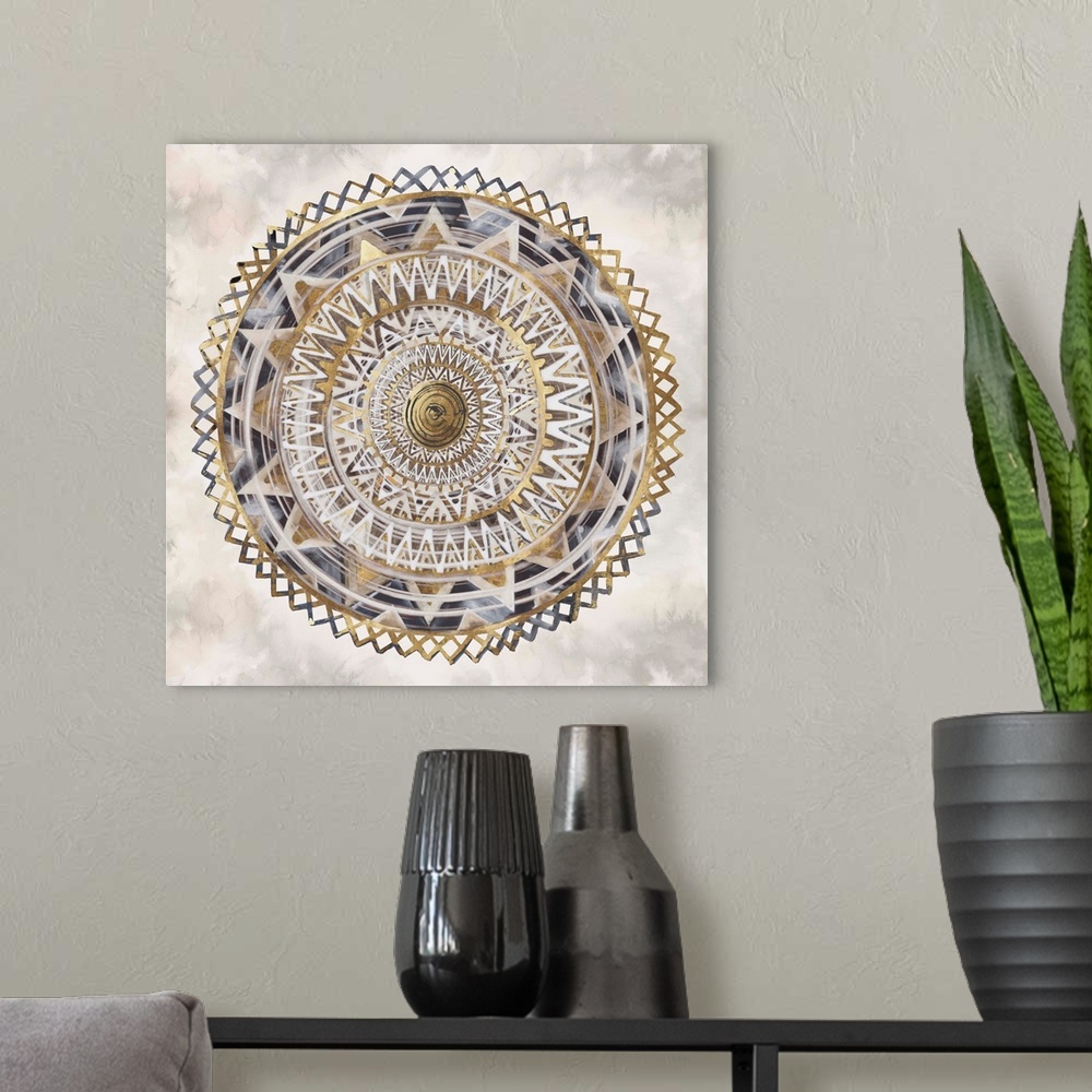 A modern room featuring Bohemian mandala painted in various neutral shades outlined in gold.