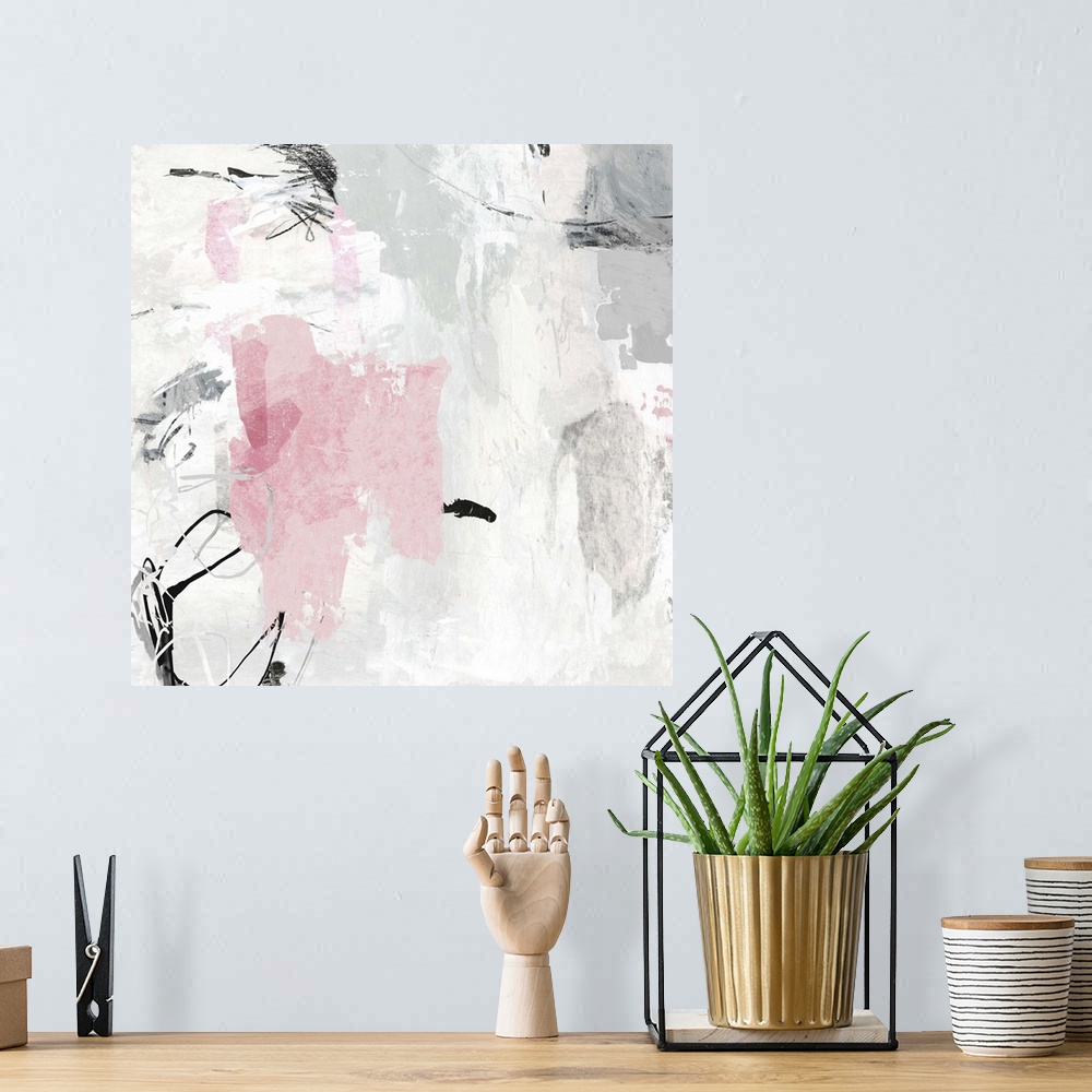A bohemian room featuring Square abstract painting in shades of gray with a hint of pink accents.