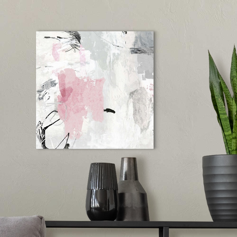 A modern room featuring Square abstract painting in shades of gray with a hint of pink accents.