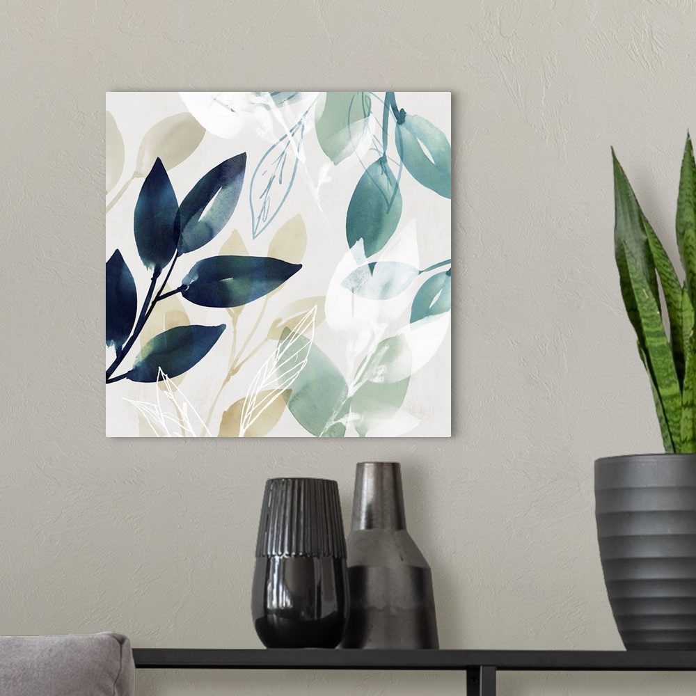 A modern room featuring Watercolor pattern of leaves painted in various greens, blues, and neutral shades.
