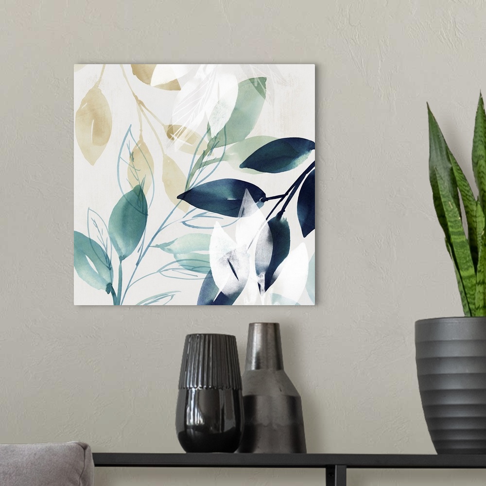 A modern room featuring Watercolor pattern of leaves painted in various greens, blues, and neutral shades.