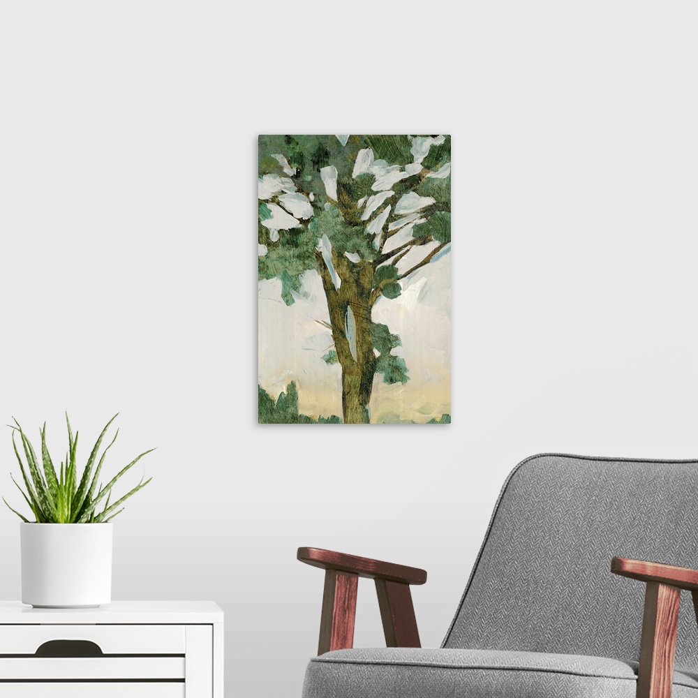 A modern room featuring Contemporary home decor artwork of a tree in pale muted tones against a neutral background.