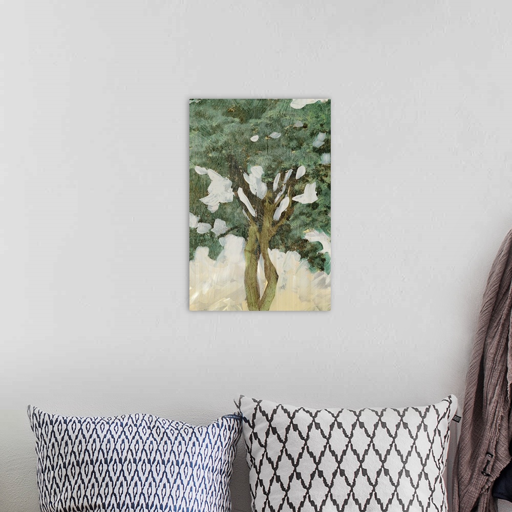 A bohemian room featuring Contemporary home decor artwork of a tree in pale muted tones against a neutral background.