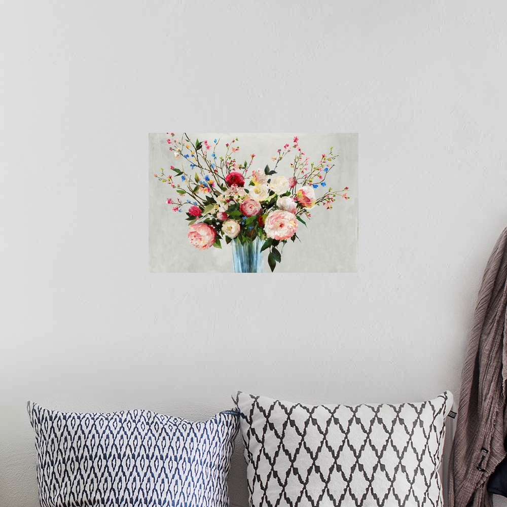A bohemian room featuring Painting of a floral bouquet on a gray background.