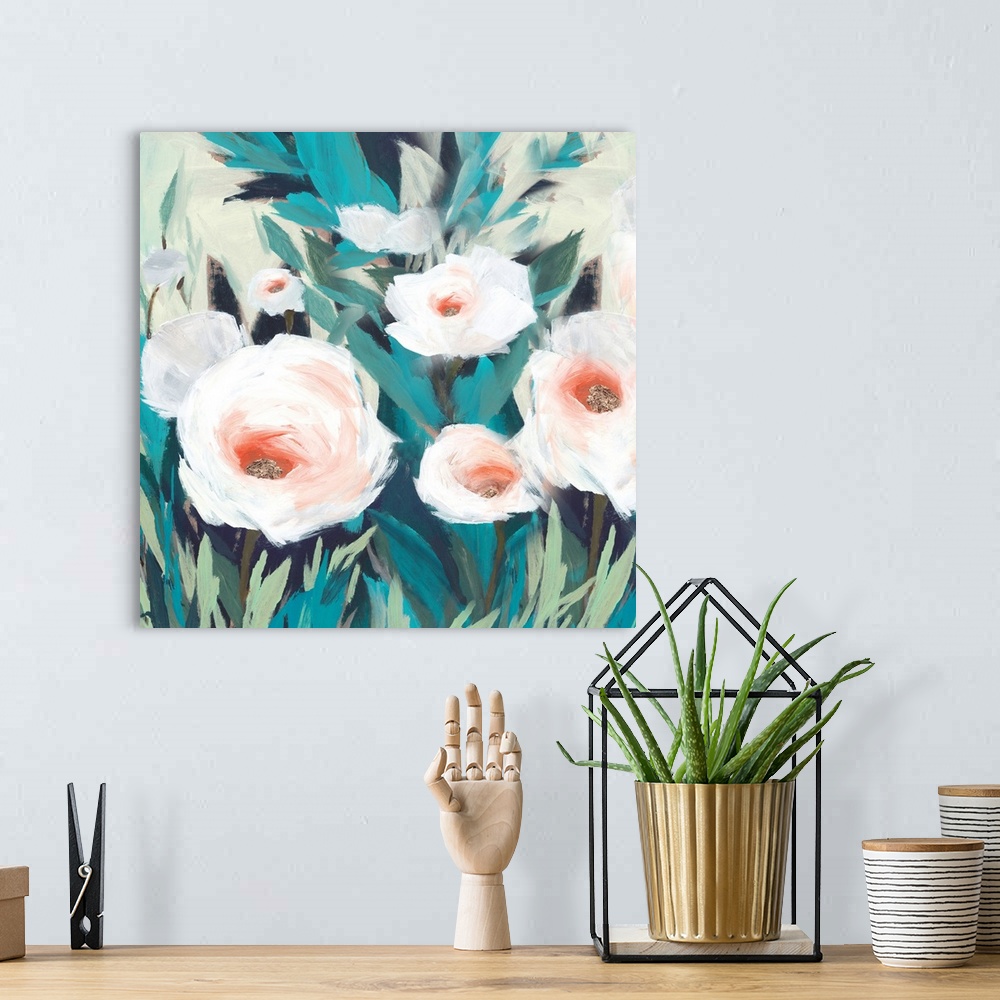 A bohemian room featuring A contemporary painting of white flower blooms surrounded by leaves.