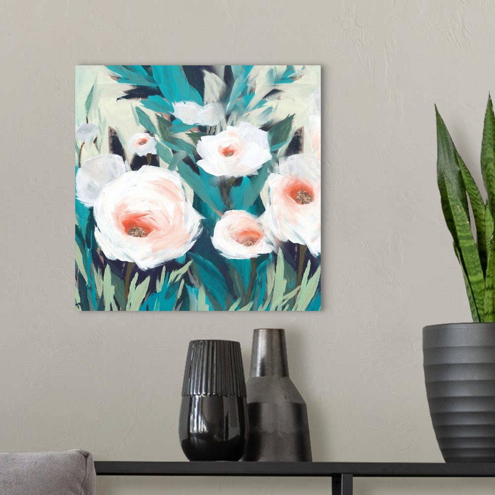 A modern room featuring A contemporary painting of white flower blooms surrounded by leaves.