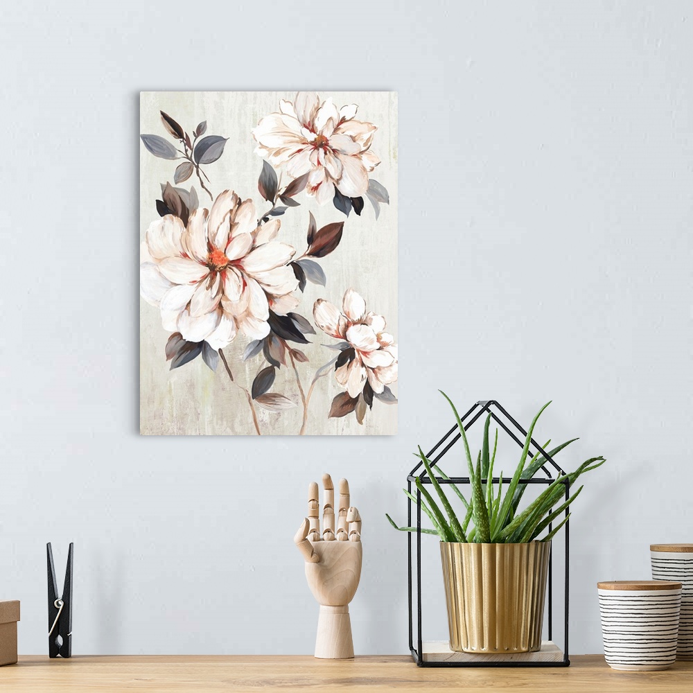 A bohemian room featuring A contemporary painting of large flower blooms on leaf covered stems against a neutral textured b...