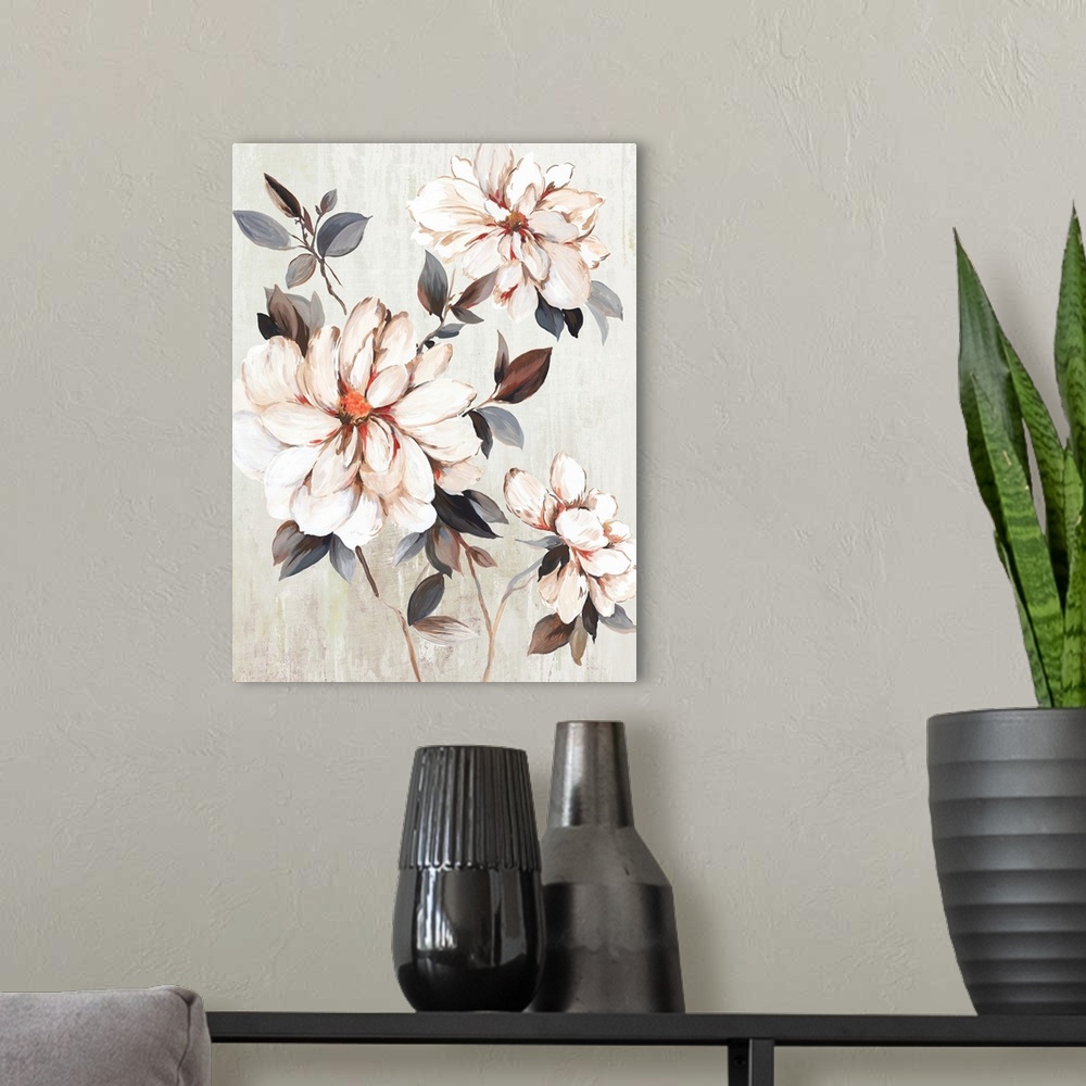 A modern room featuring A contemporary painting of large flower blooms on leaf covered stems against a neutral textured b...