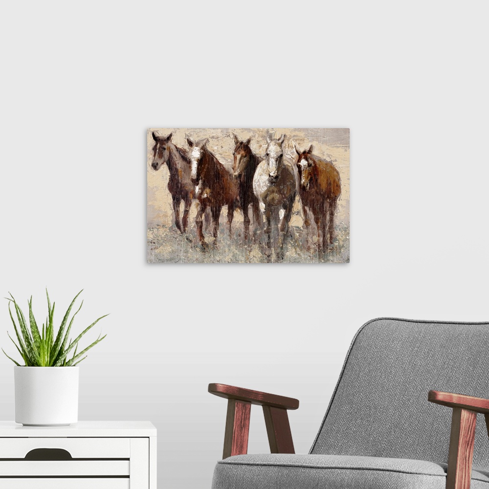 A modern room featuring Contemporary painting of a band of brown horses in a field.
