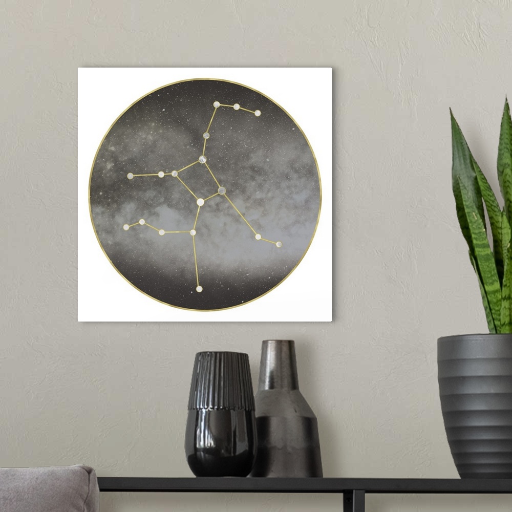 A modern room featuring A contemporary painting of the constellation of Hercules.