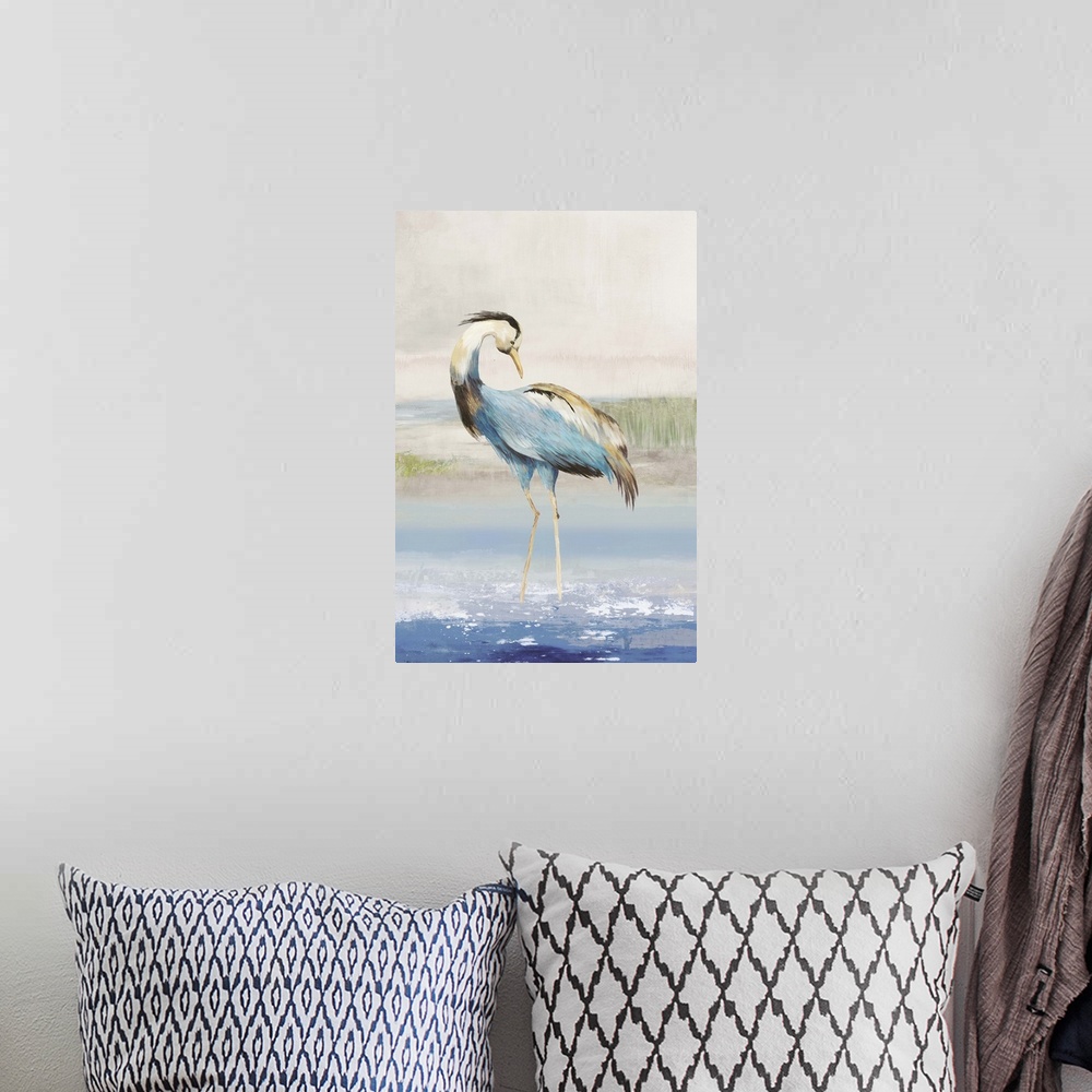 A bohemian room featuring Contemporary artwork of a great blue heron standing in shallow water.