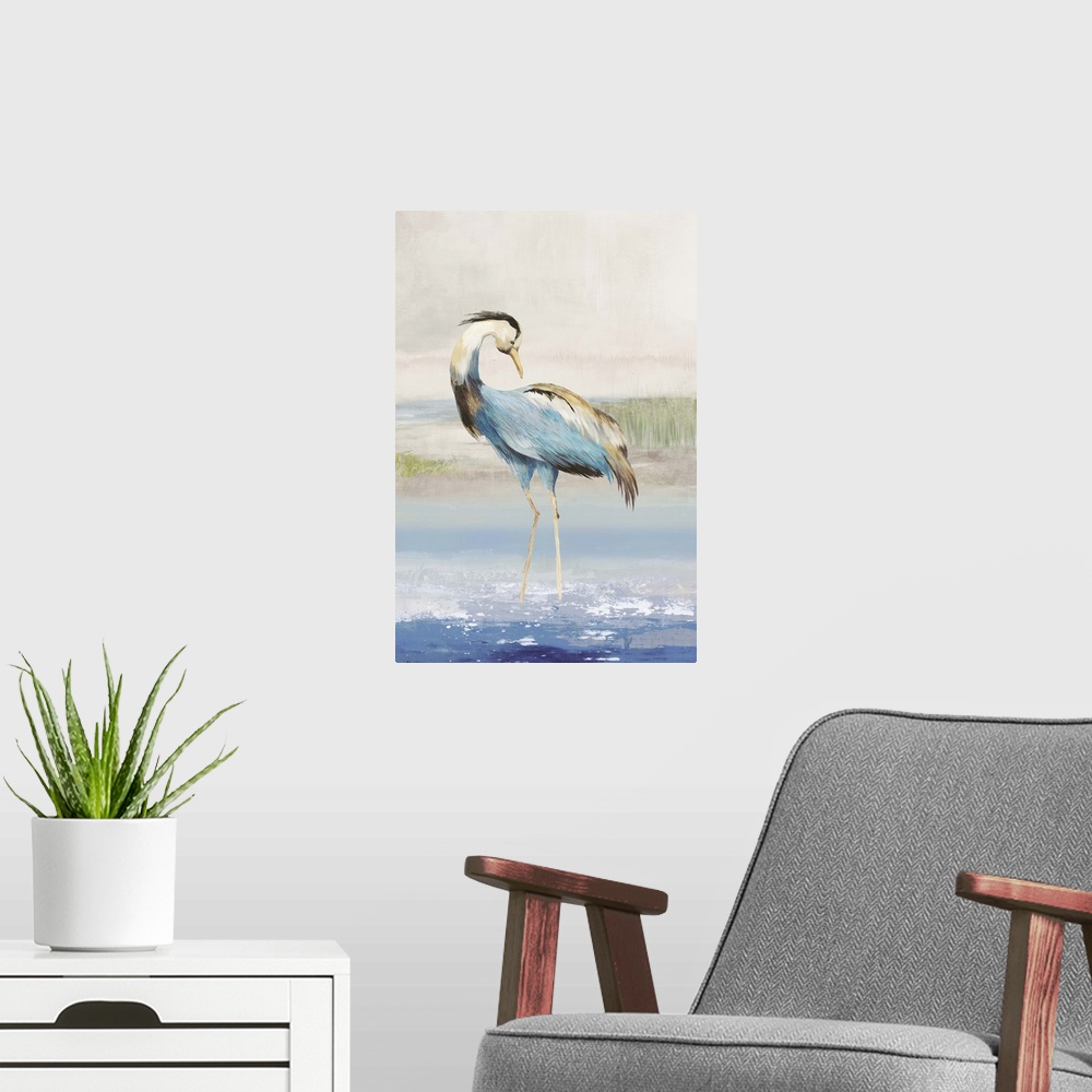 A modern room featuring Contemporary artwork of a great blue heron standing in shallow water.