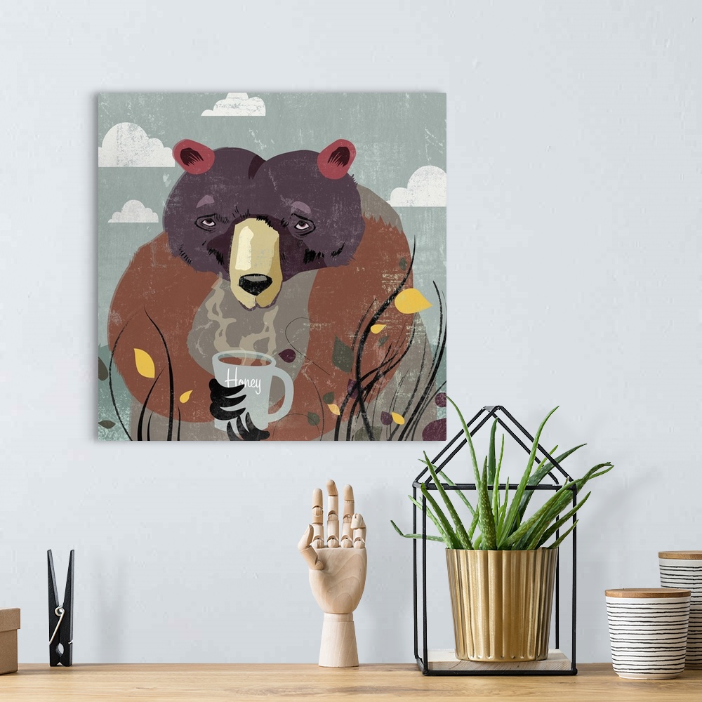 A bohemian room featuring Contemporary home decor art of a bear sitting among flowers and grass holding a mug with steam po...