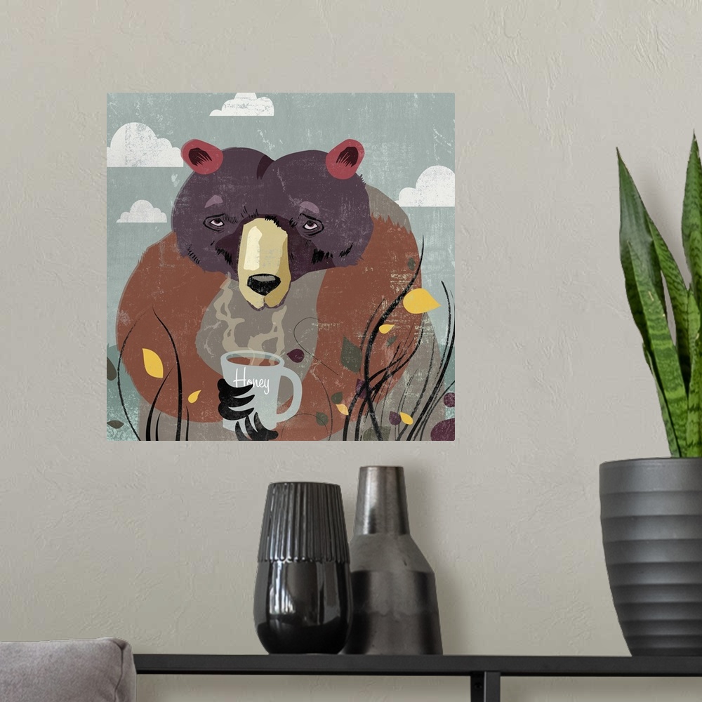 A modern room featuring Contemporary home decor art of a bear sitting among flowers and grass holding a mug with steam po...
