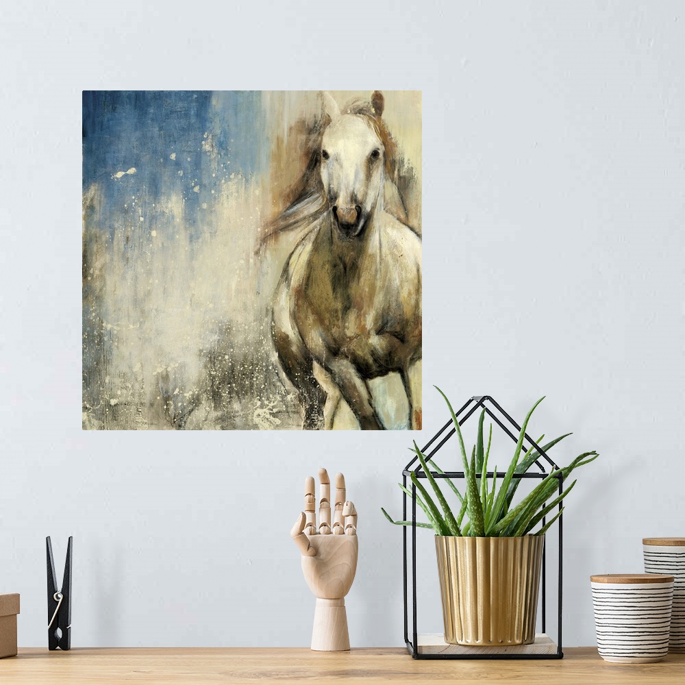 A bohemian room featuring Contemporary home decor artwork of a white horse galloping against an abstract background.