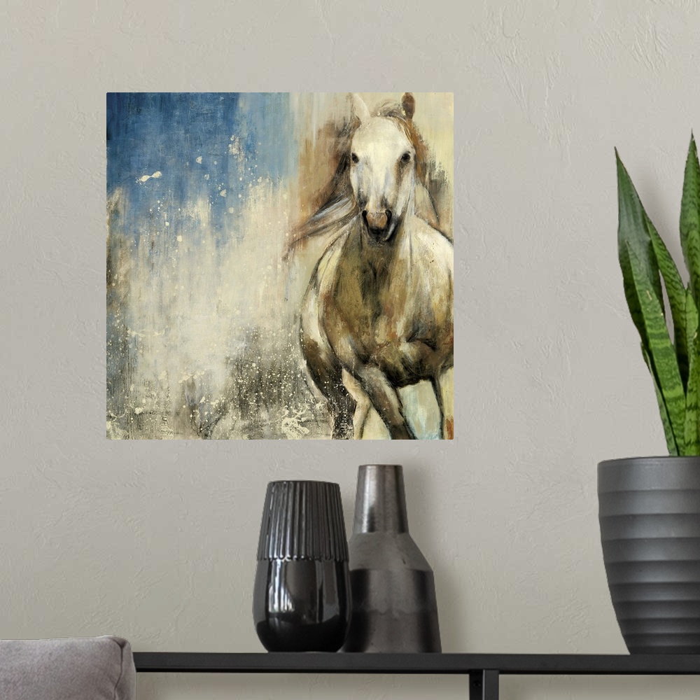 A modern room featuring Contemporary home decor artwork of a white horse galloping against an abstract background.
