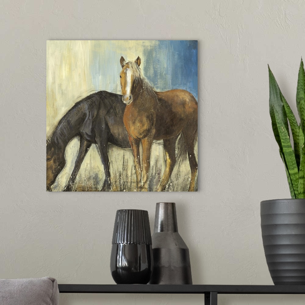A modern room featuring Contemporary home decor artwork of two brown horses standing against an abstract background.