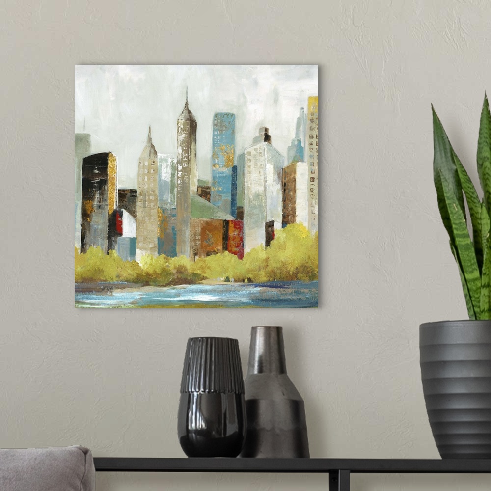 A modern room featuring Contemporary home decor artwork of city skyline in muted tones.