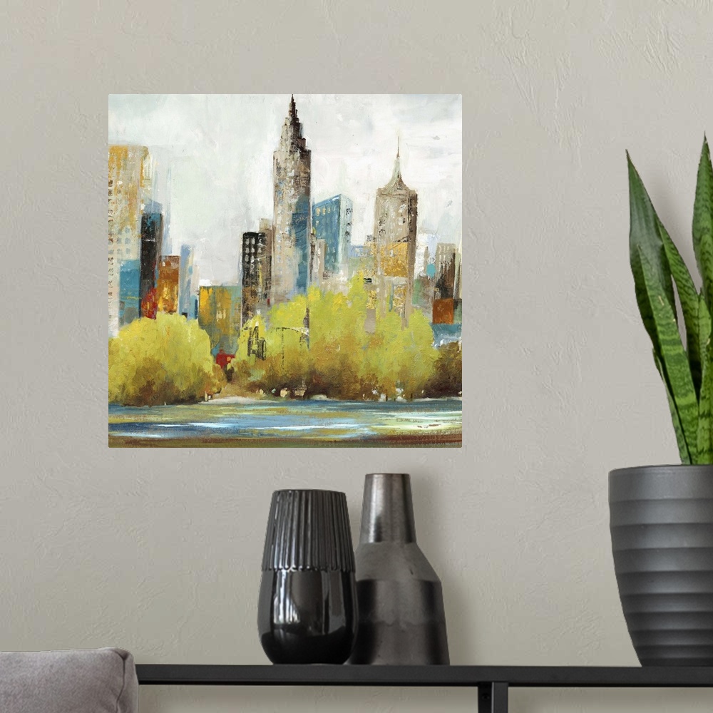 A modern room featuring Contemporary home decor artwork of city skyline in muted tones.