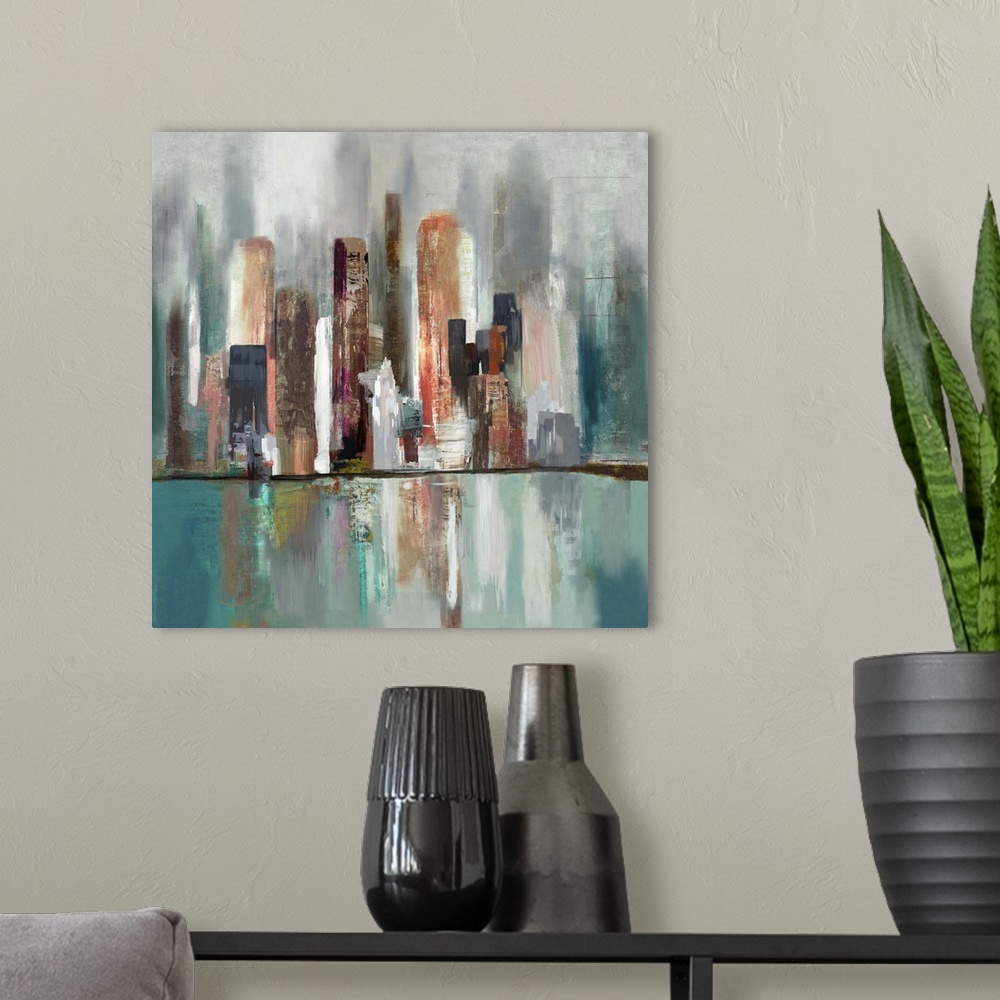 A modern room featuring Contemporary home decor art of an abstract skyline of tall architectural structures.