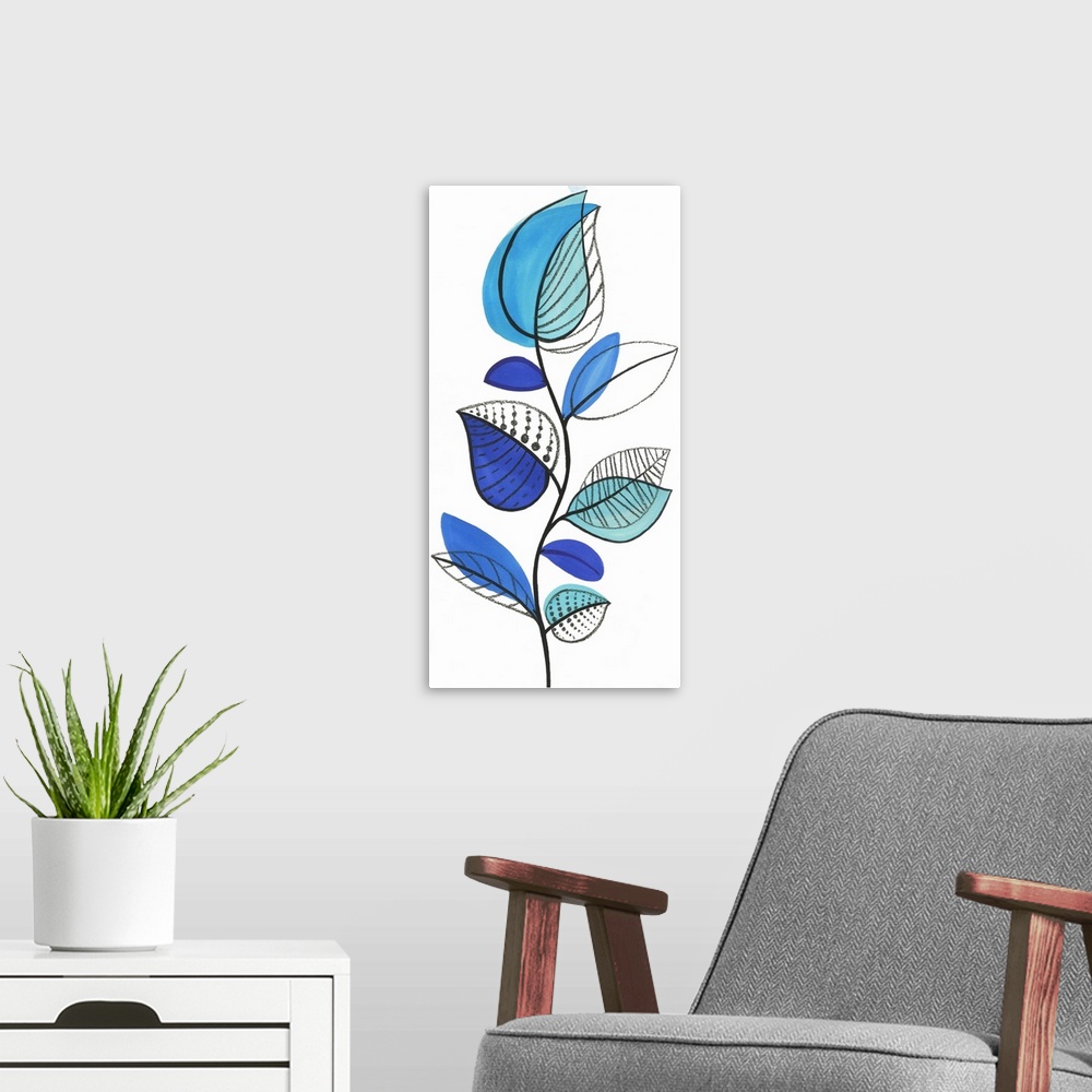 A modern room featuring A long vertical artwork of a branch of blue leaves outlined in black done in a modern design.