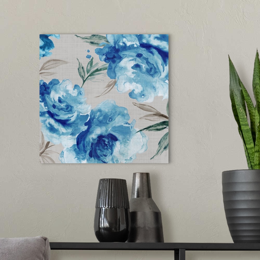 A modern room featuring Blue rose pattern on a neutral background.