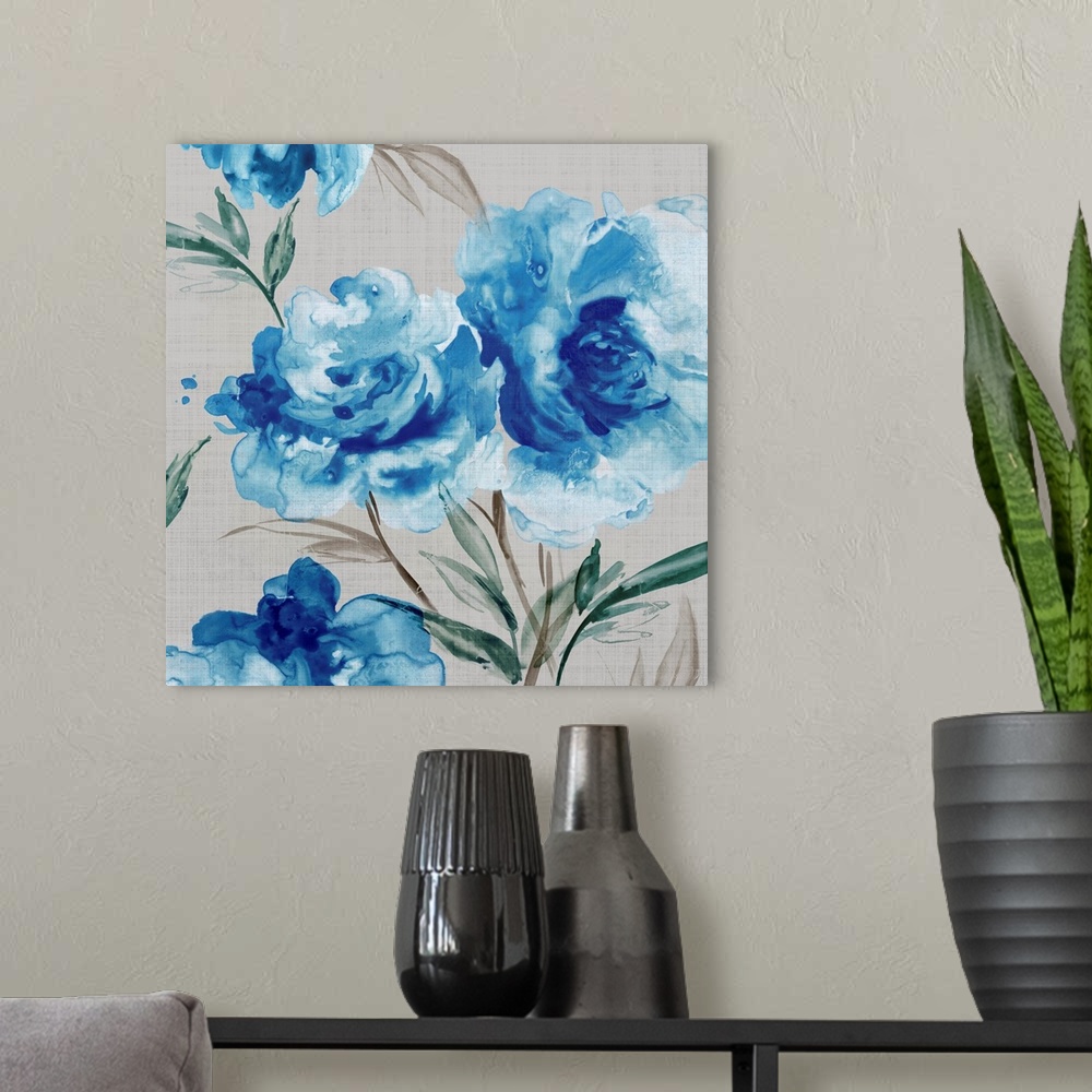 A modern room featuring Blue rose pattern on a neutral background.