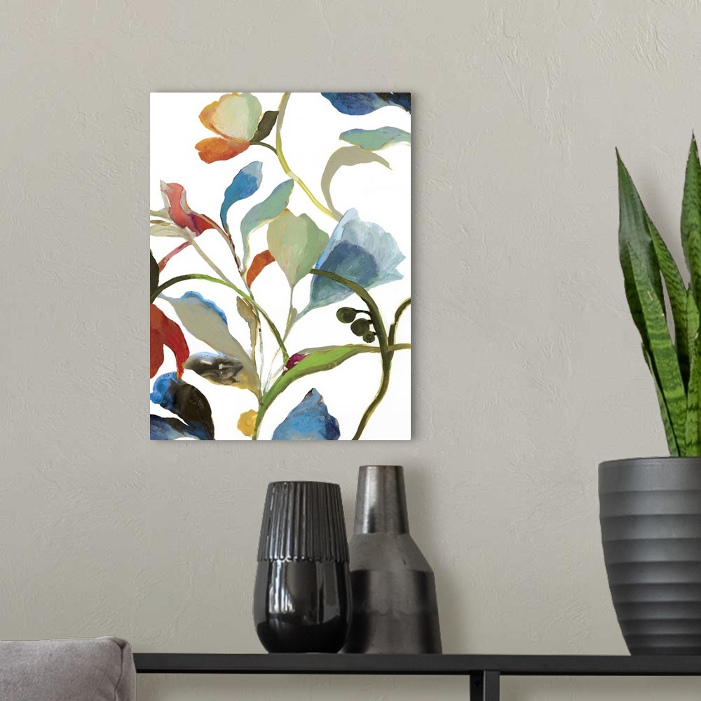 A modern room featuring Contemporary painting of flowers and leaves in vibrant colors.