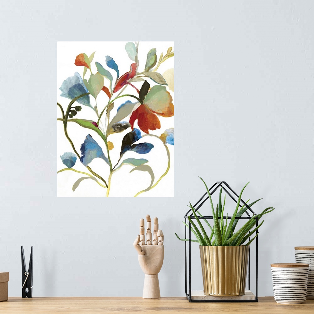 A bohemian room featuring Contemporary painting of flowers and leaves in vibrant colors.